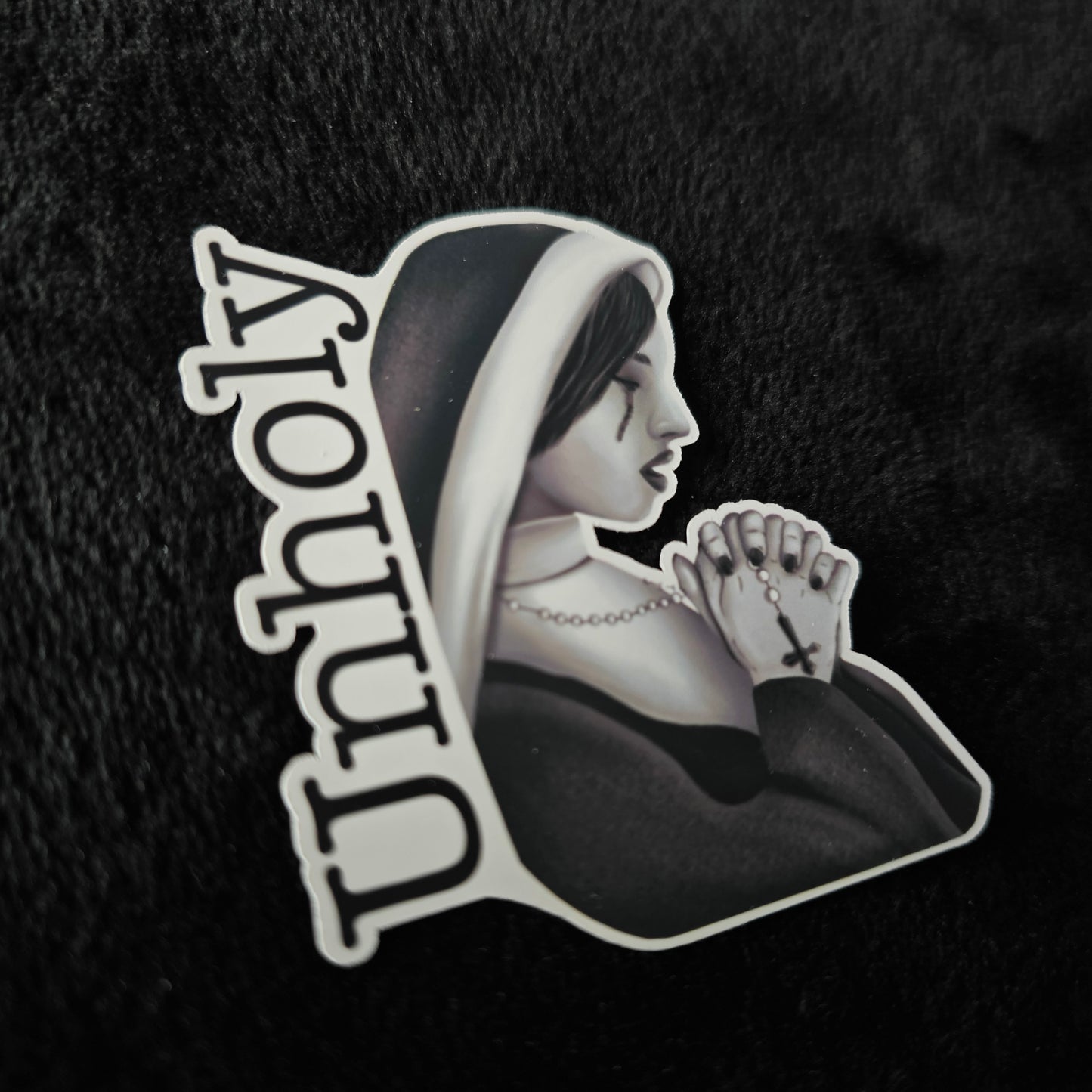 Unholy - Waterproof Vinyl Stickers - Durable Decals for Laptops, Skateboards, and Outdoor Gear